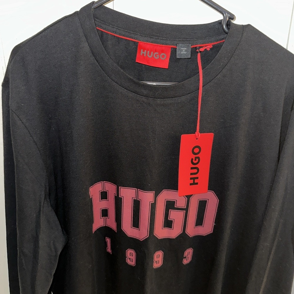 HUGO 1993 Hugo Boss Men's Long Sleeve Pullover Tee Shirt Black Cotton XL